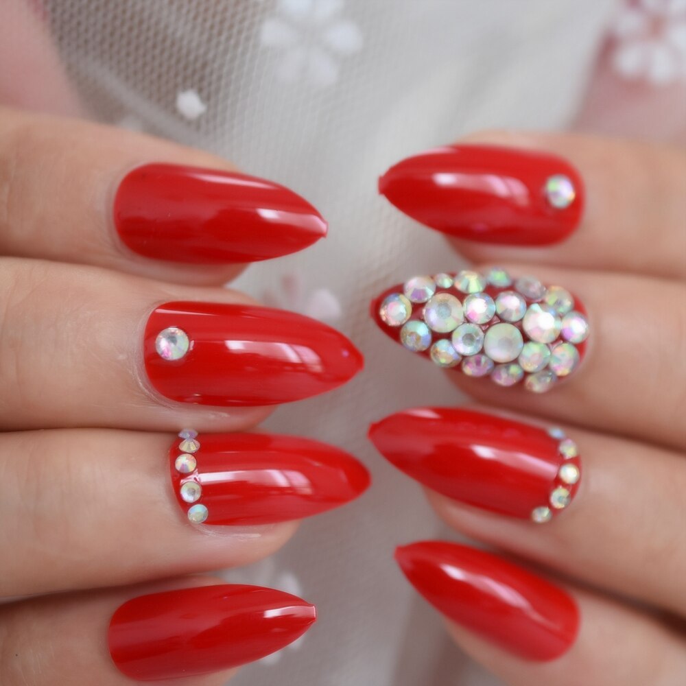 Glossy Rhinestones Stiletto Nails