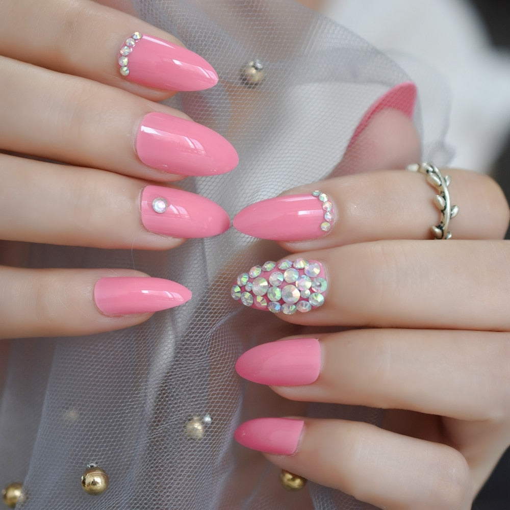 Glossy Rhinestones Stiletto Nails