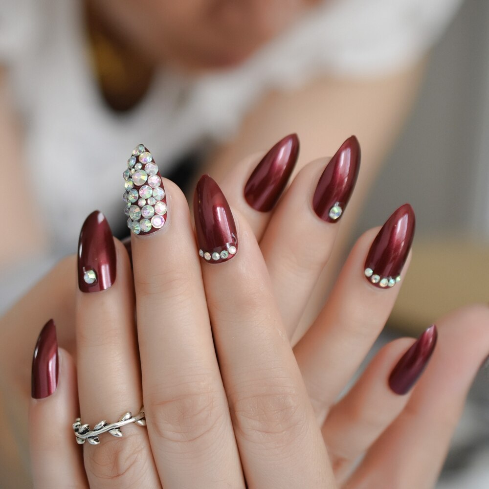 Glossy Rhinestones Stiletto Nails