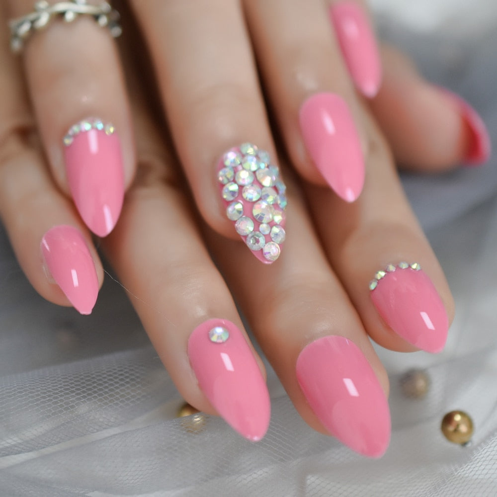 Glossy Rhinestones Stiletto Nails