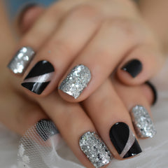 Black & Silver Glitter Square Nails