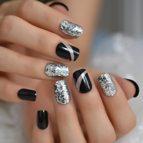 Black & Silver Glitter Square Nails