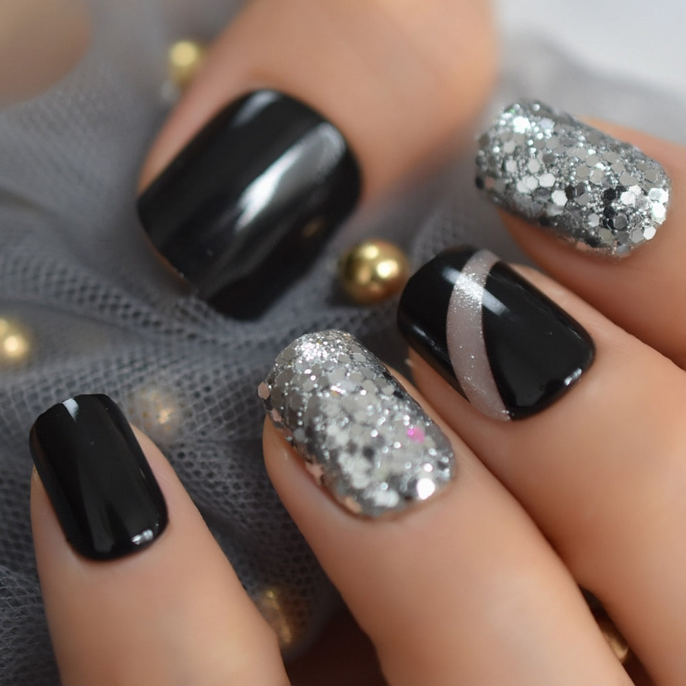 Black & Silver Glitter Square Nails – StyleMissus