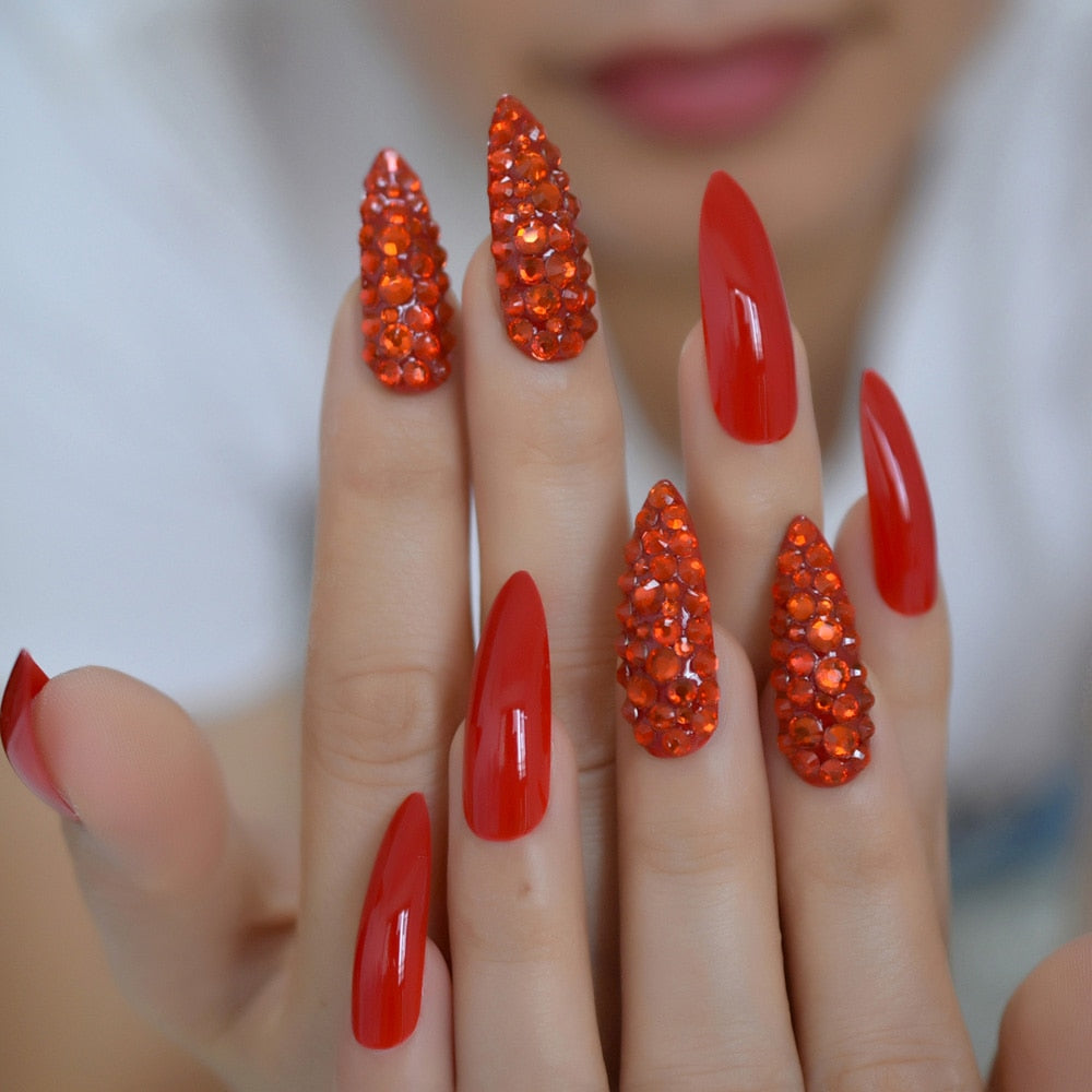 Sasha Red Rhinestone Stiletto Nails