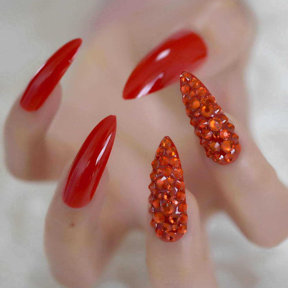 Sasha Red Rhinestone Stiletto Nails