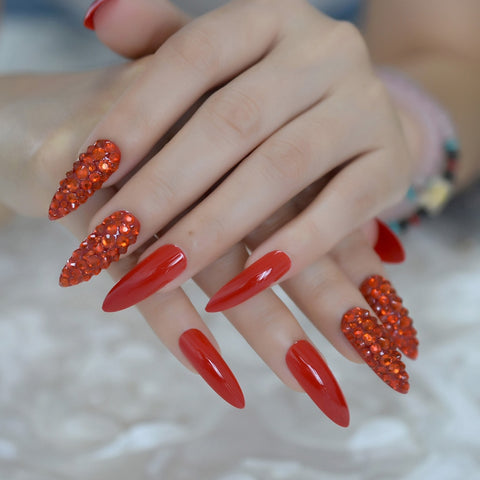 Sasha Red Rhinestone Stiletto Nails