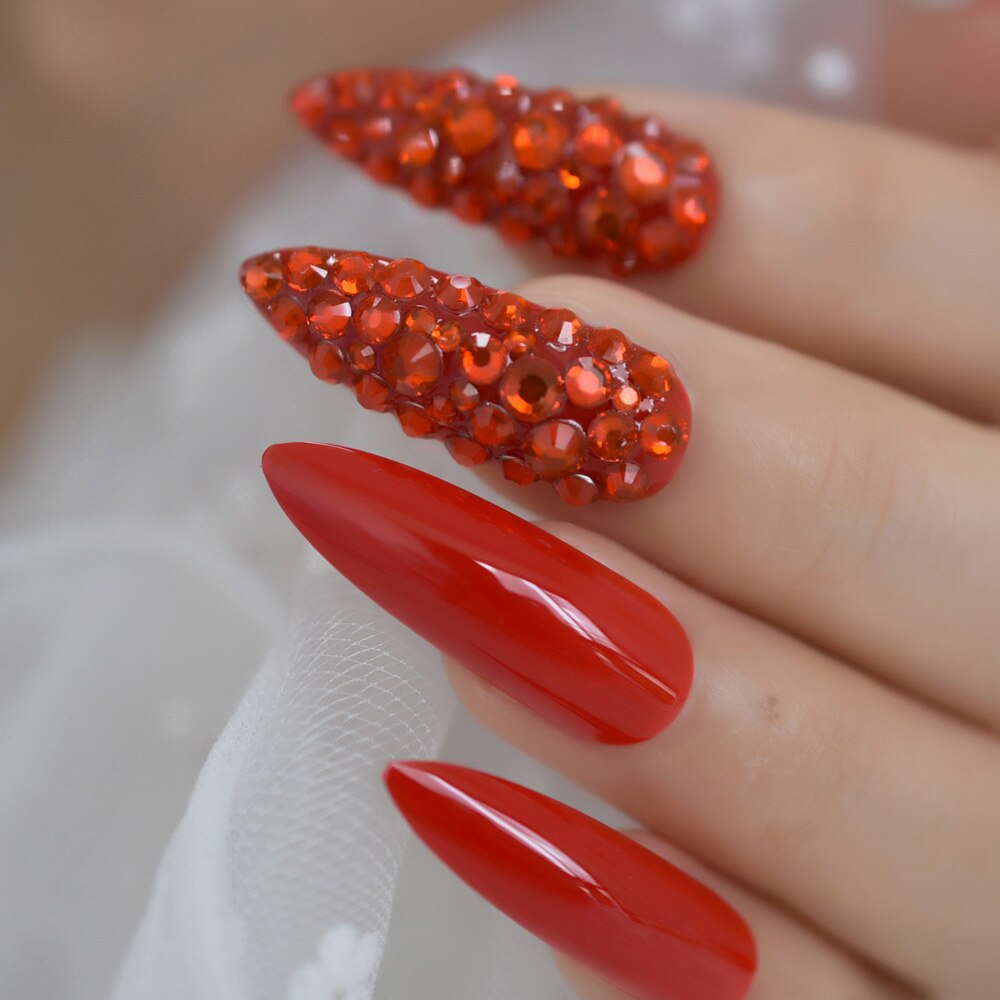 Sasha Red Rhinestone Stiletto Nails