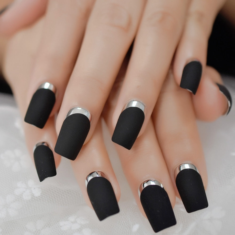 Chrome Matte Black Square Nails