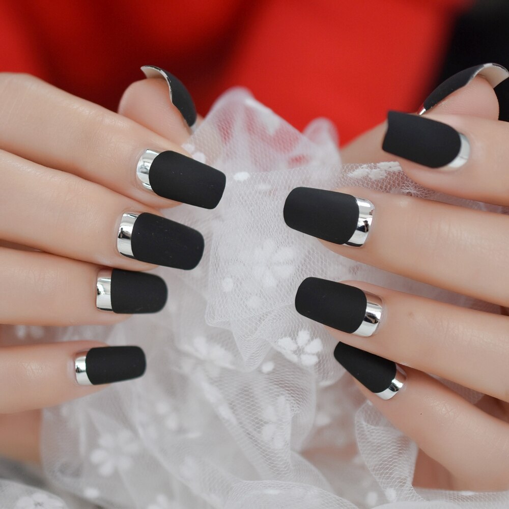 Chrome Matte Black Square Nails