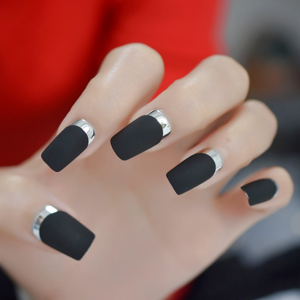 Chrome Matte Black Square Nails