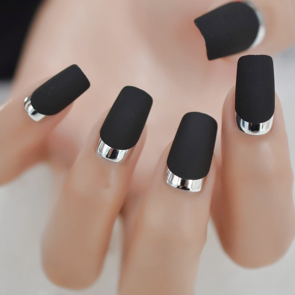 Chrome Matte Black Square Nails