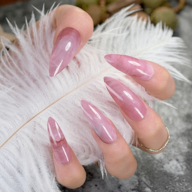 Curved Pink Marble Stiletto Nails
