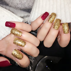Burgundy Gold Glitter Square Nails