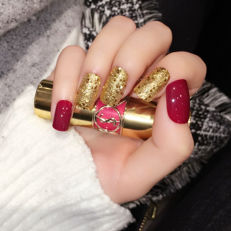 Burgundy Gold Glitter Square Nails