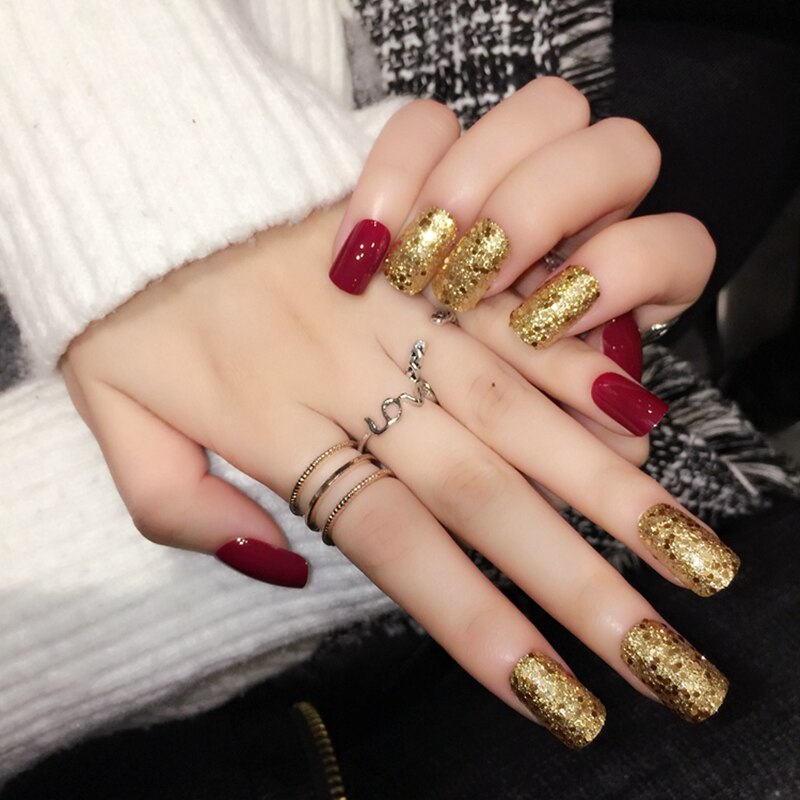 Burgundy Gold Glitter Square Nails