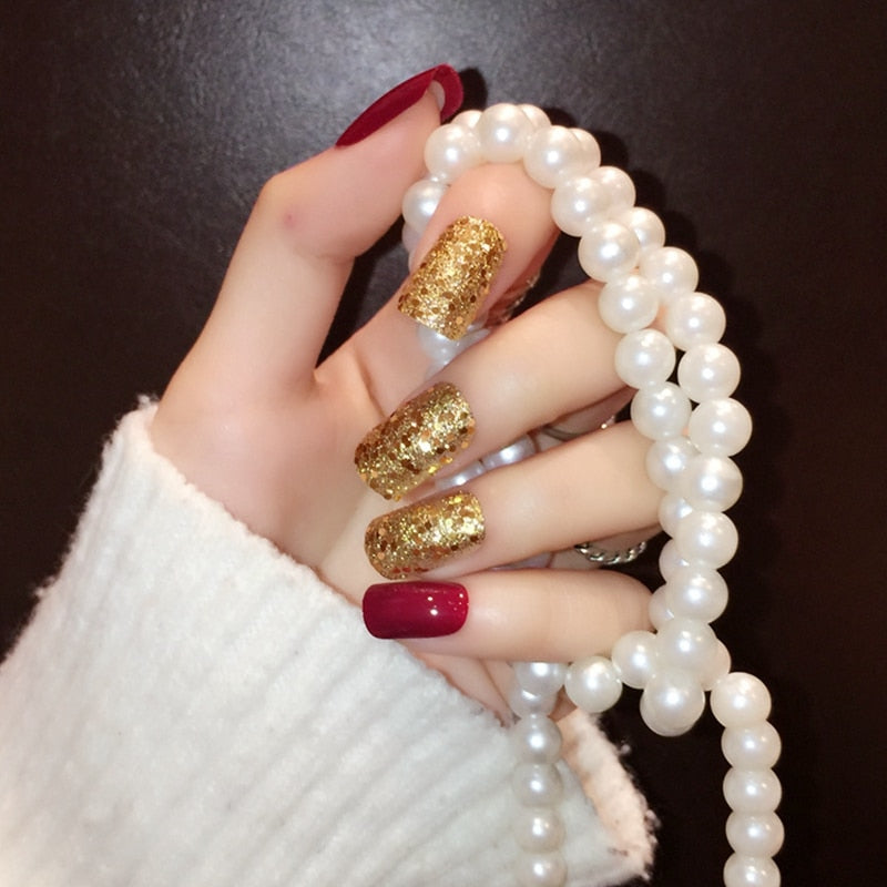Burgundy Gold Glitter Square Nails
