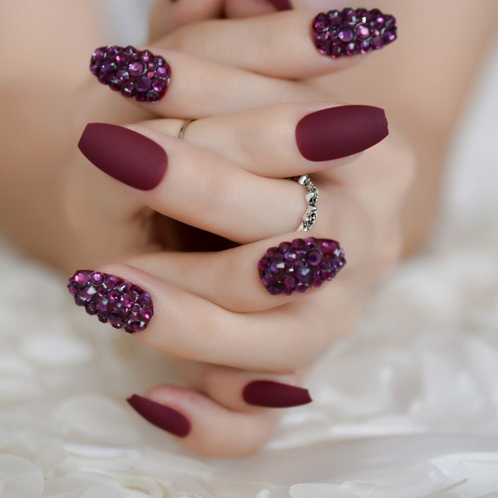 Garnet Rhinestones Press on Nails