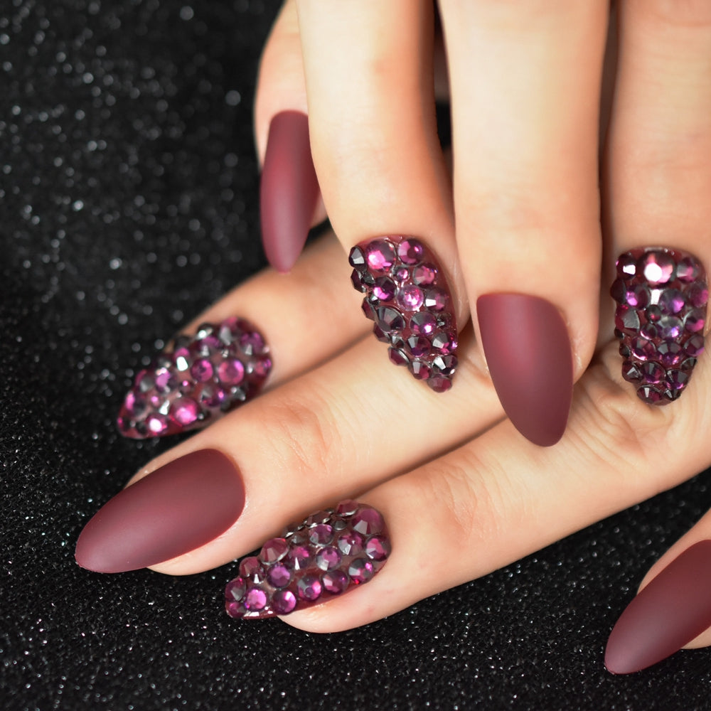 Garnet Rhinestones Press on Nails