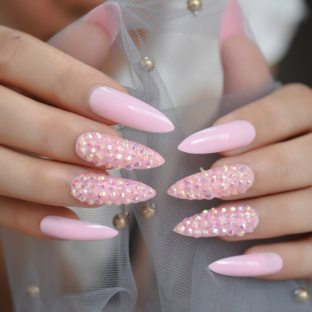 Pink Bliss Crystal Stiletto Nails