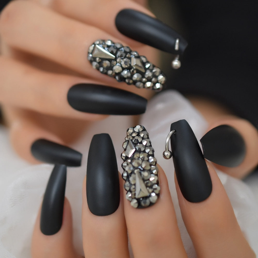 Black Crystal Coffin Nails w/ Silver Rings