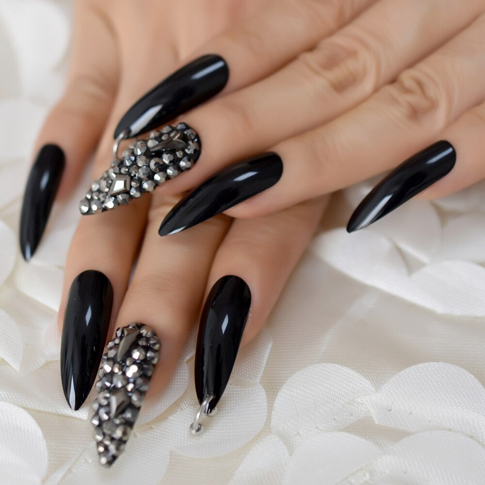 Black Crystal Coffin Nails w/ Silver Rings