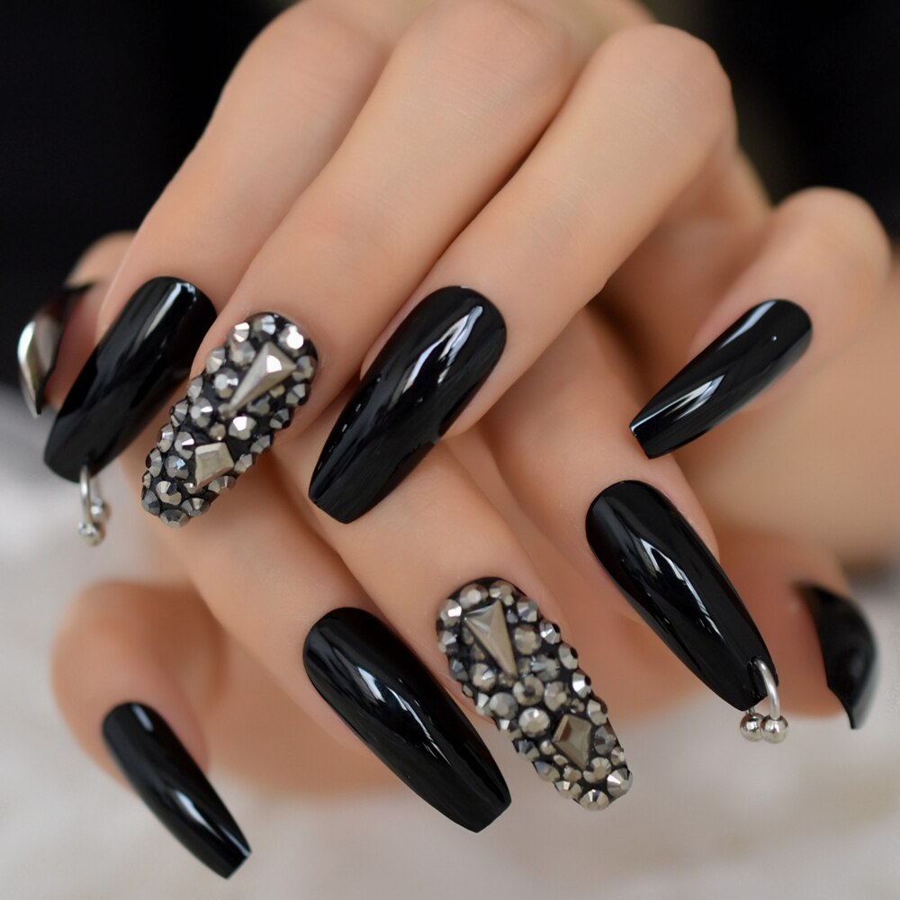 Black Crystal Coffin Nails w/ Silver Rings