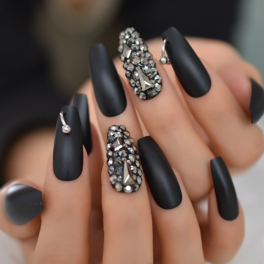 Black Crystal Coffin Nails w/ Silver Rings