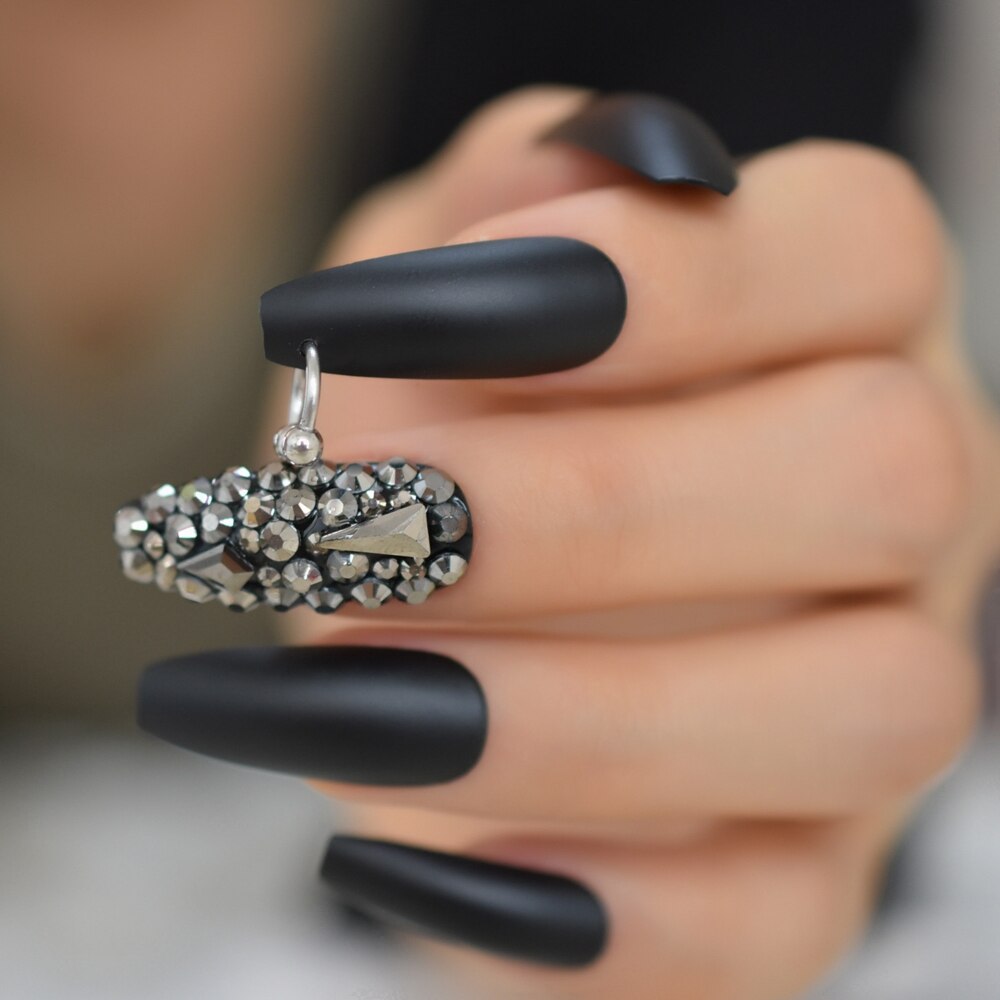 Black Crystal Coffin Nails w/ Silver Rings