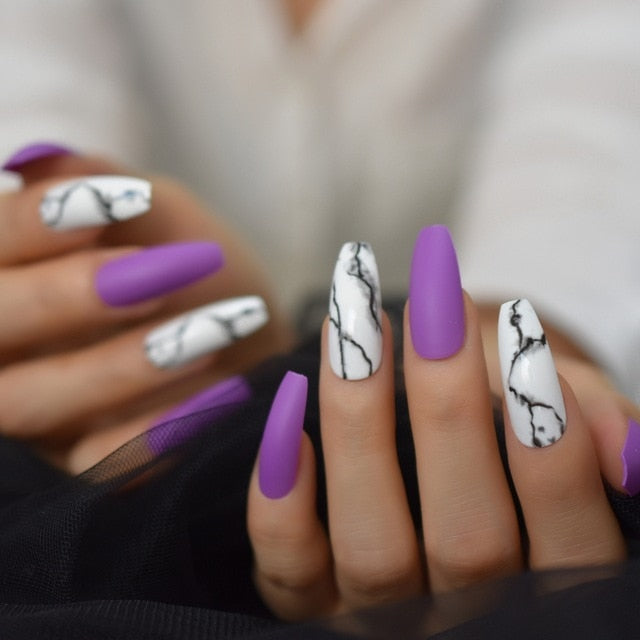 Amazon.com: 24Pcs Long Coffin Press on Nails with Luxury Rhinestones Purple  Fake Nails Press on Nails Acrylic False Nails Nail Art Tips Artificial Glue  on Nails Fake Nails for Womens Girls :