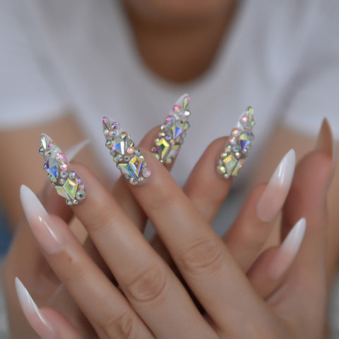 Nude Ombre Dazzle Stiletto Nails