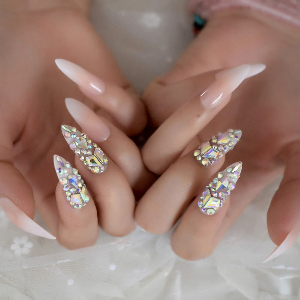 Nude Ombre Dazzle Stiletto Nails
