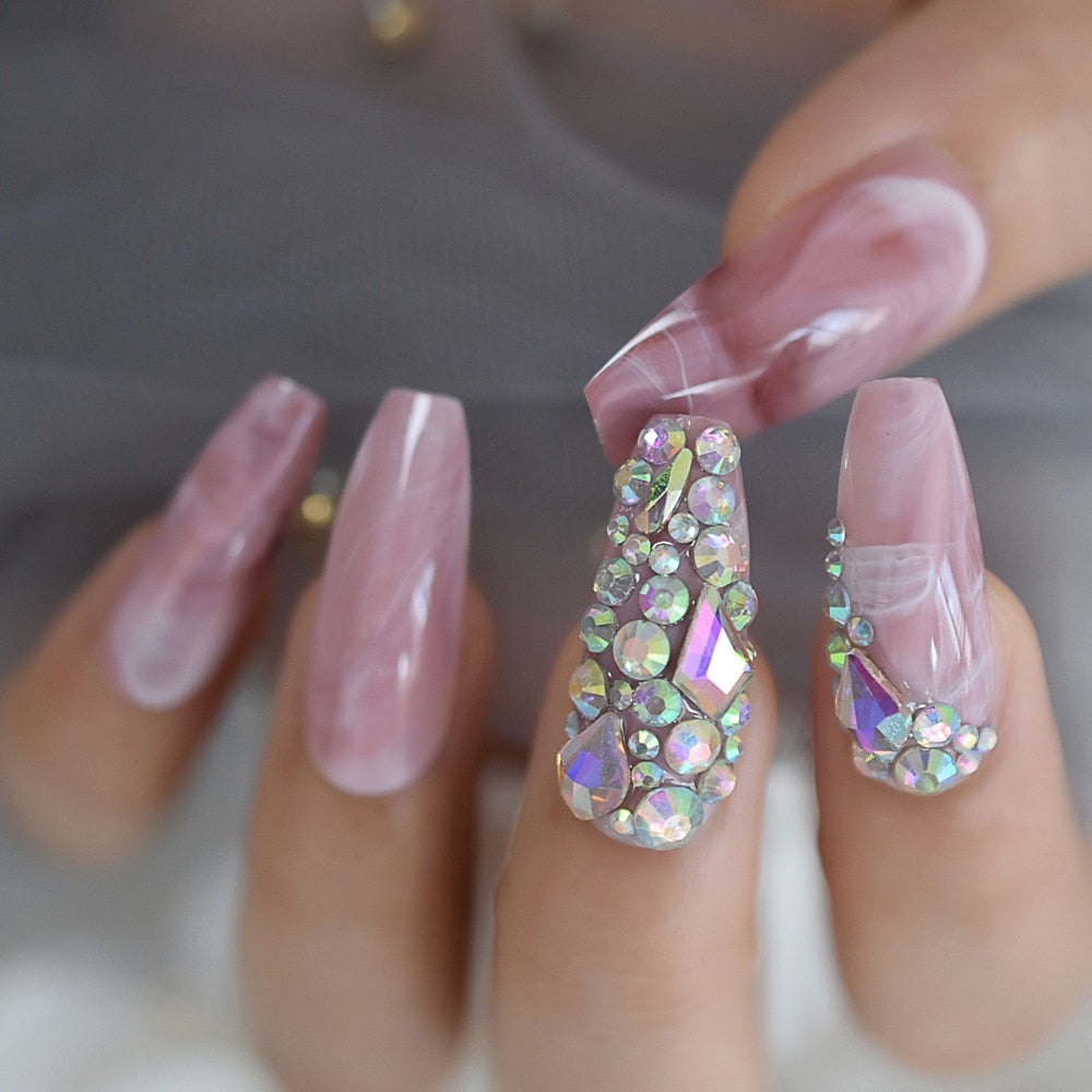 Grey Bling Coffin Nails