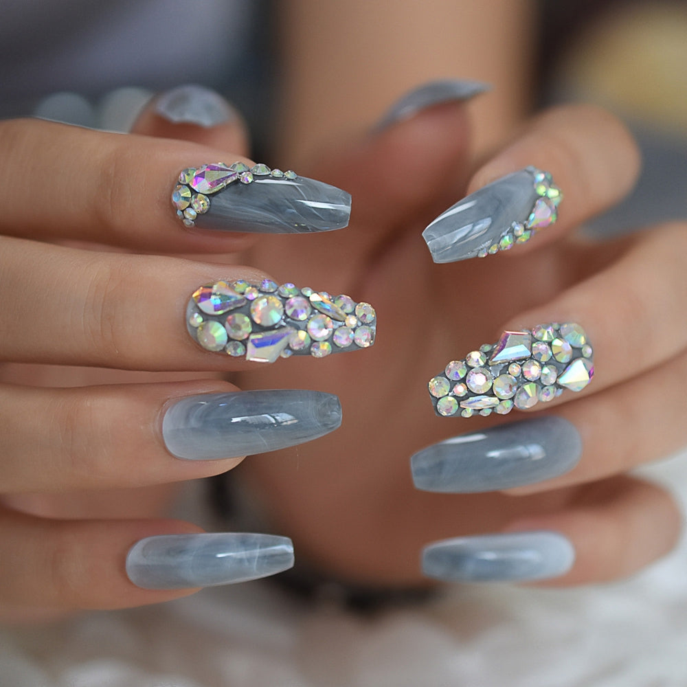 Grey Bling Coffin Nails