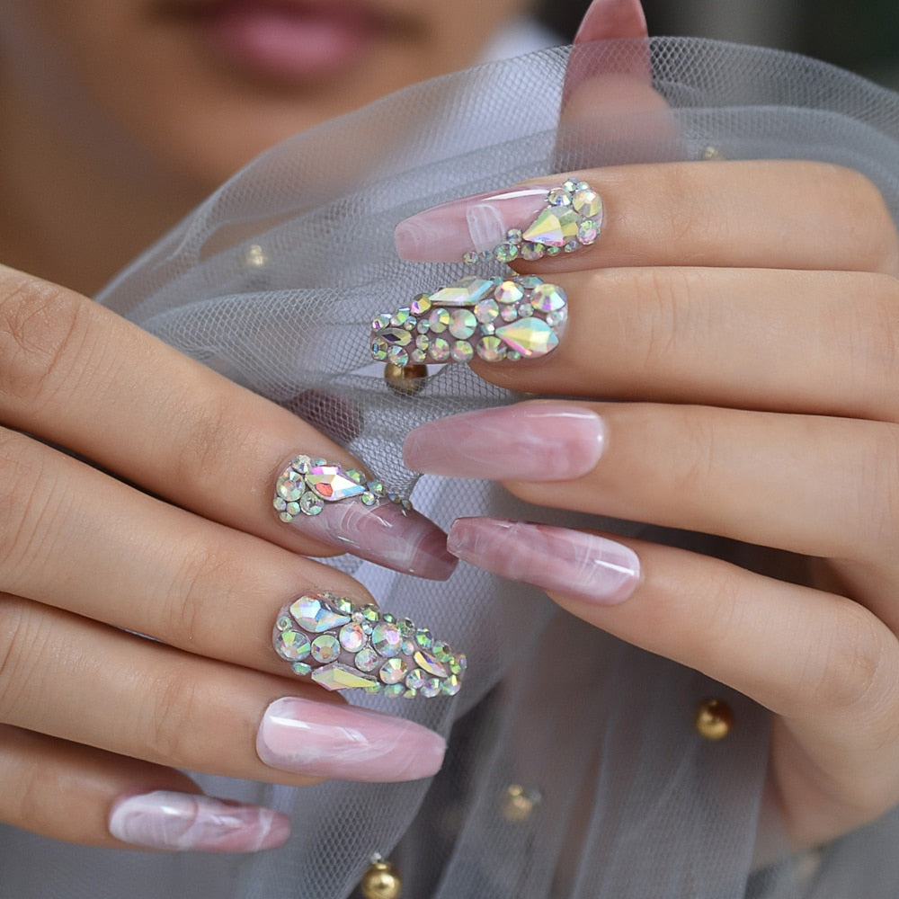 Grey Bling Coffin Nails