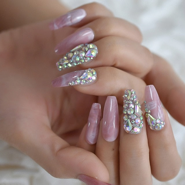 Grey Bling Coffin Nails