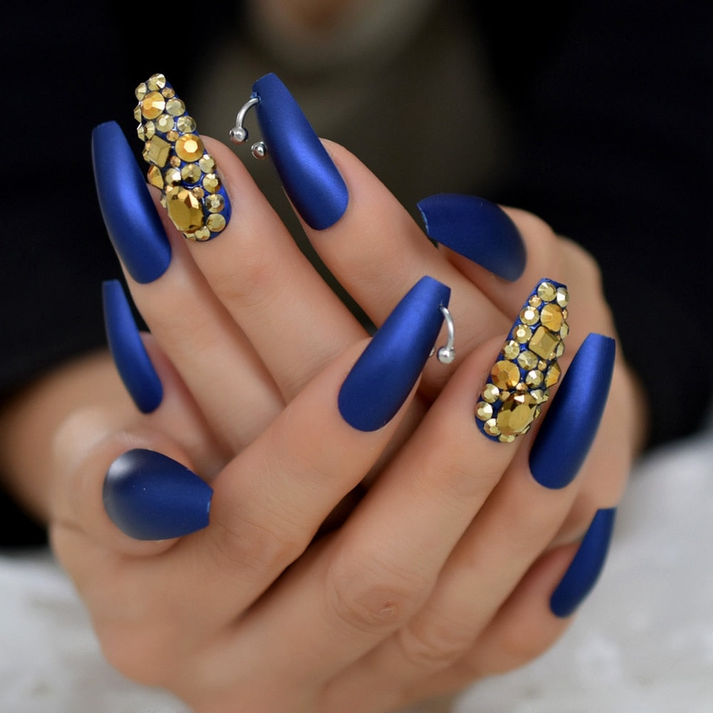 Royal Blue Dazzle Coffin Nails w/ Silver Rings