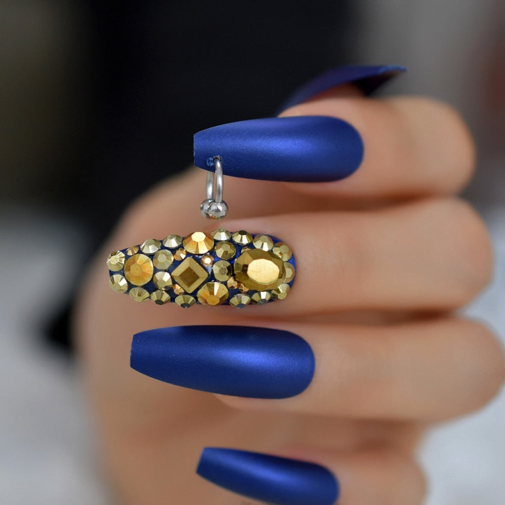 Royal Blue Dazzle Coffin Nails w/ Silver Rings