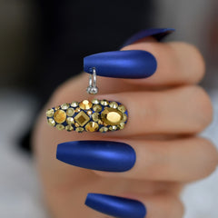 Royal Blue Dazzle Coffin Nails w/ Silver Rings