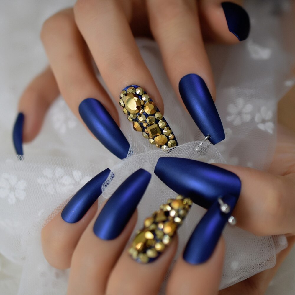 Royal Blue Dazzle Coffin Nails w/ Silver Rings