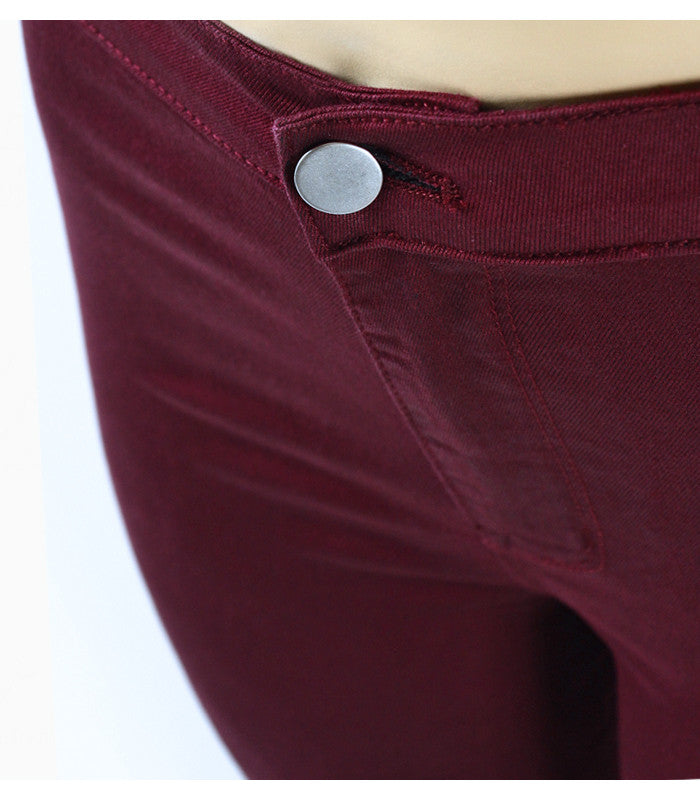 High Waist Denim Skinnies - Burgundy