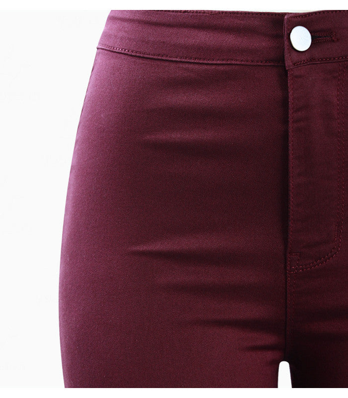 High Waist Denim Skinnies - Burgundy