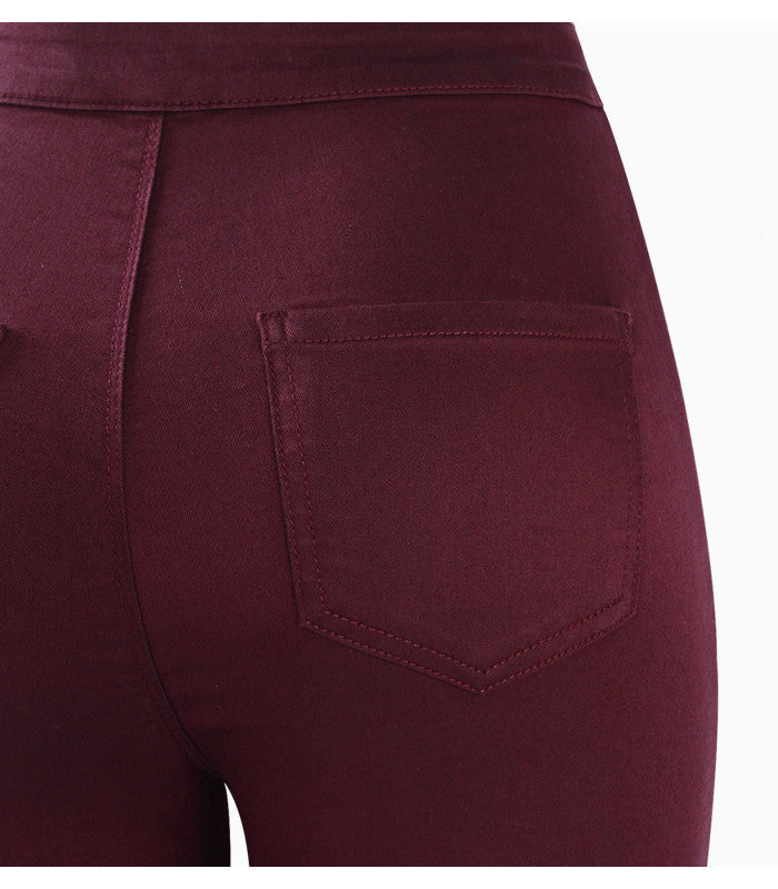 High Waist Denim Skinnies - Burgundy
