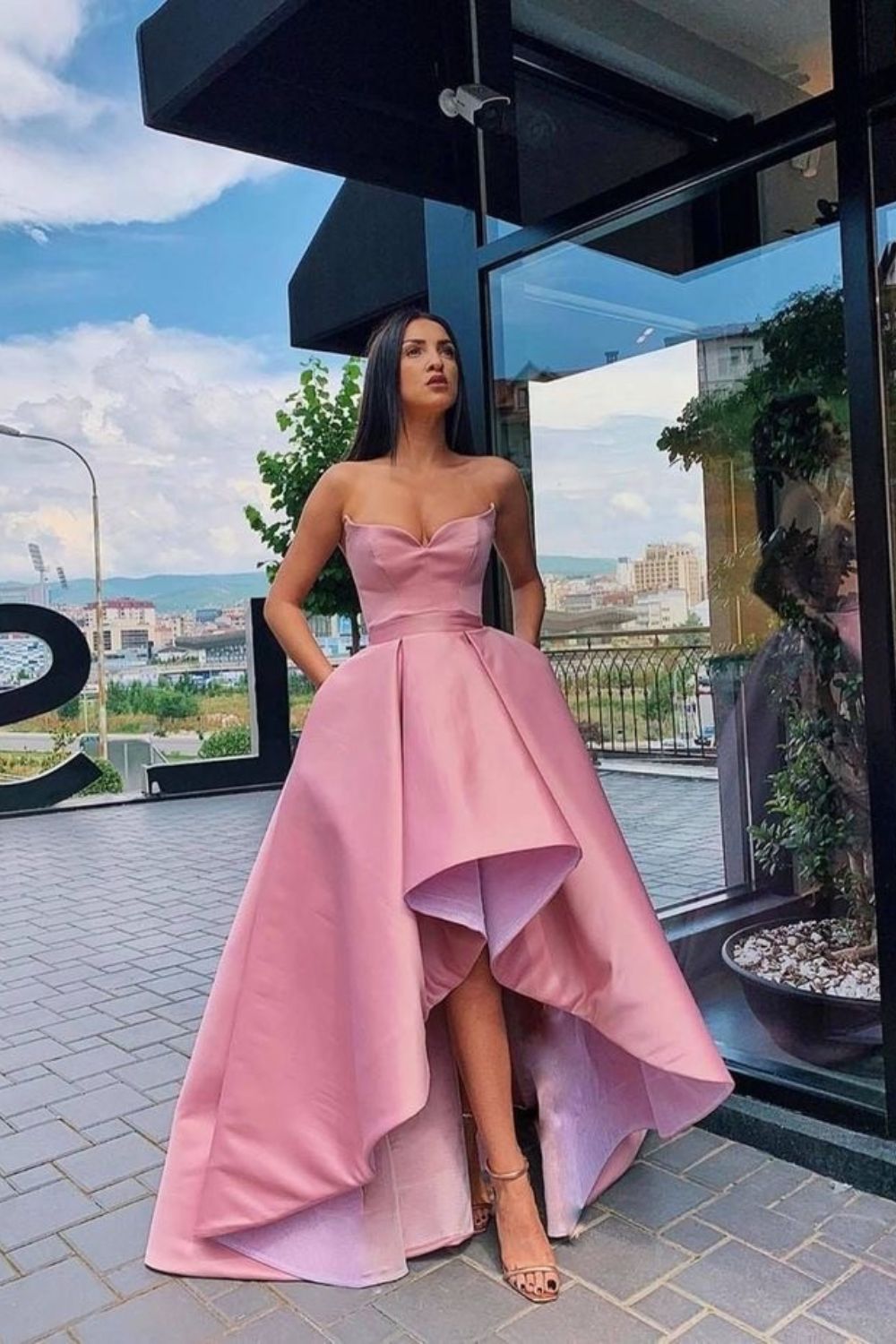 Strapless High Low Satin Dress